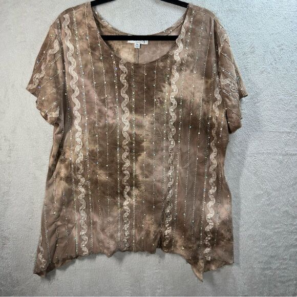 Shannon Ford New York Womans Stretch Blouse Top Shirt Brown Sequin Accent XLP - Picture 1 of 7
